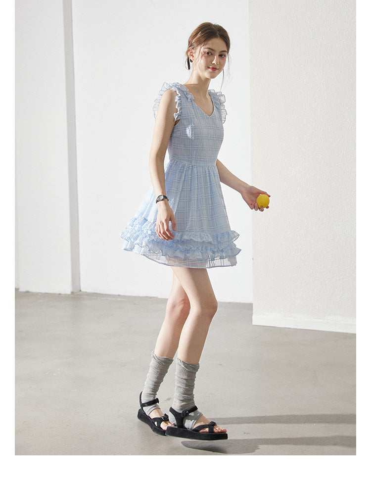 Sleeveless Sheer Grid Mini Dress With Ruffle Trims