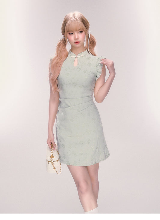 Fitted Jacquard Qipao Dress With Pleated Waist