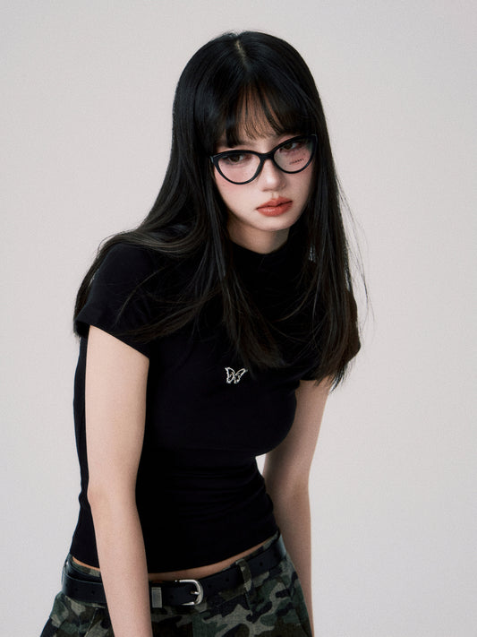 Mock Neck Minimalist T-Shirt With Butterfly Charm