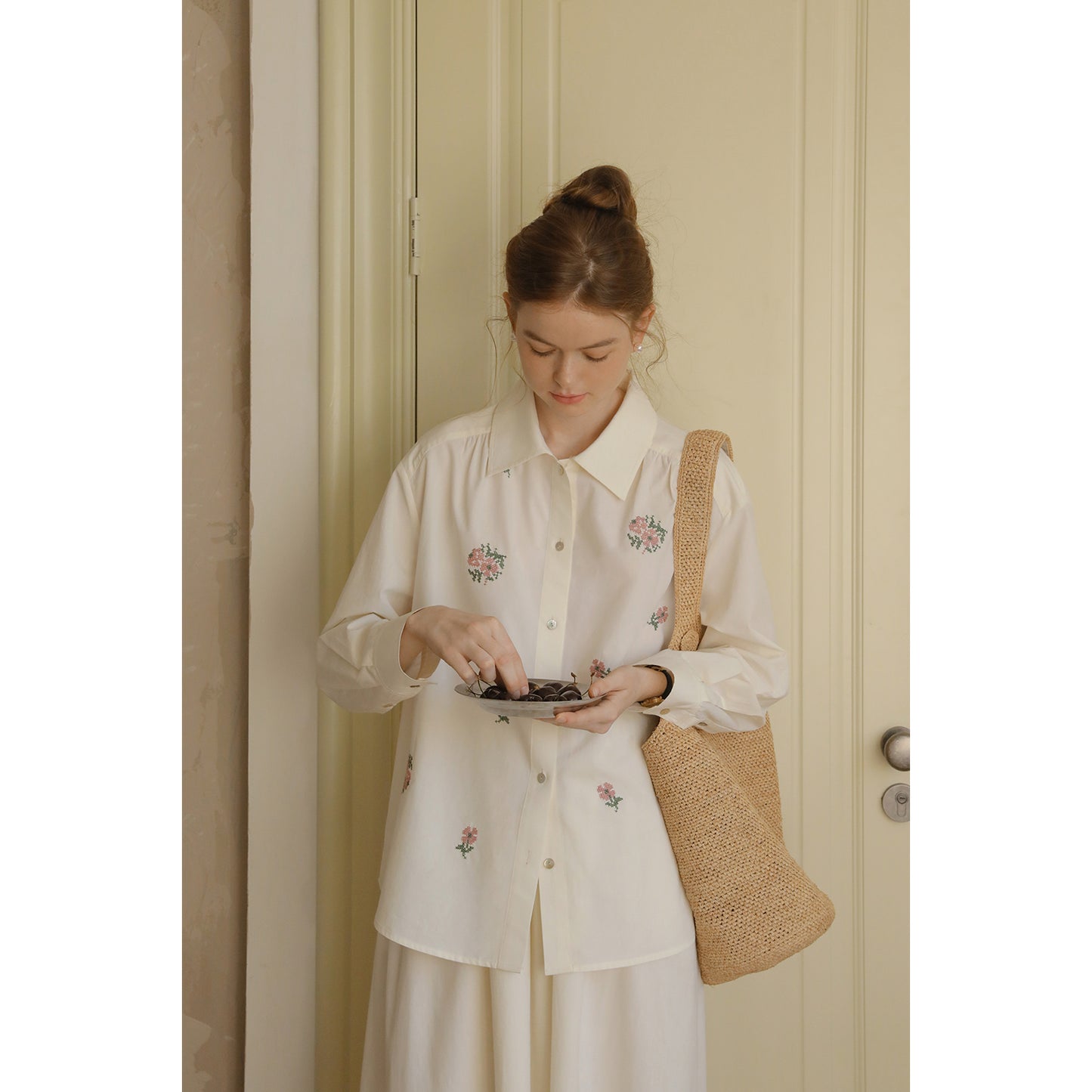 Hibiscus Embroidered Cotton Shirt & Skirt