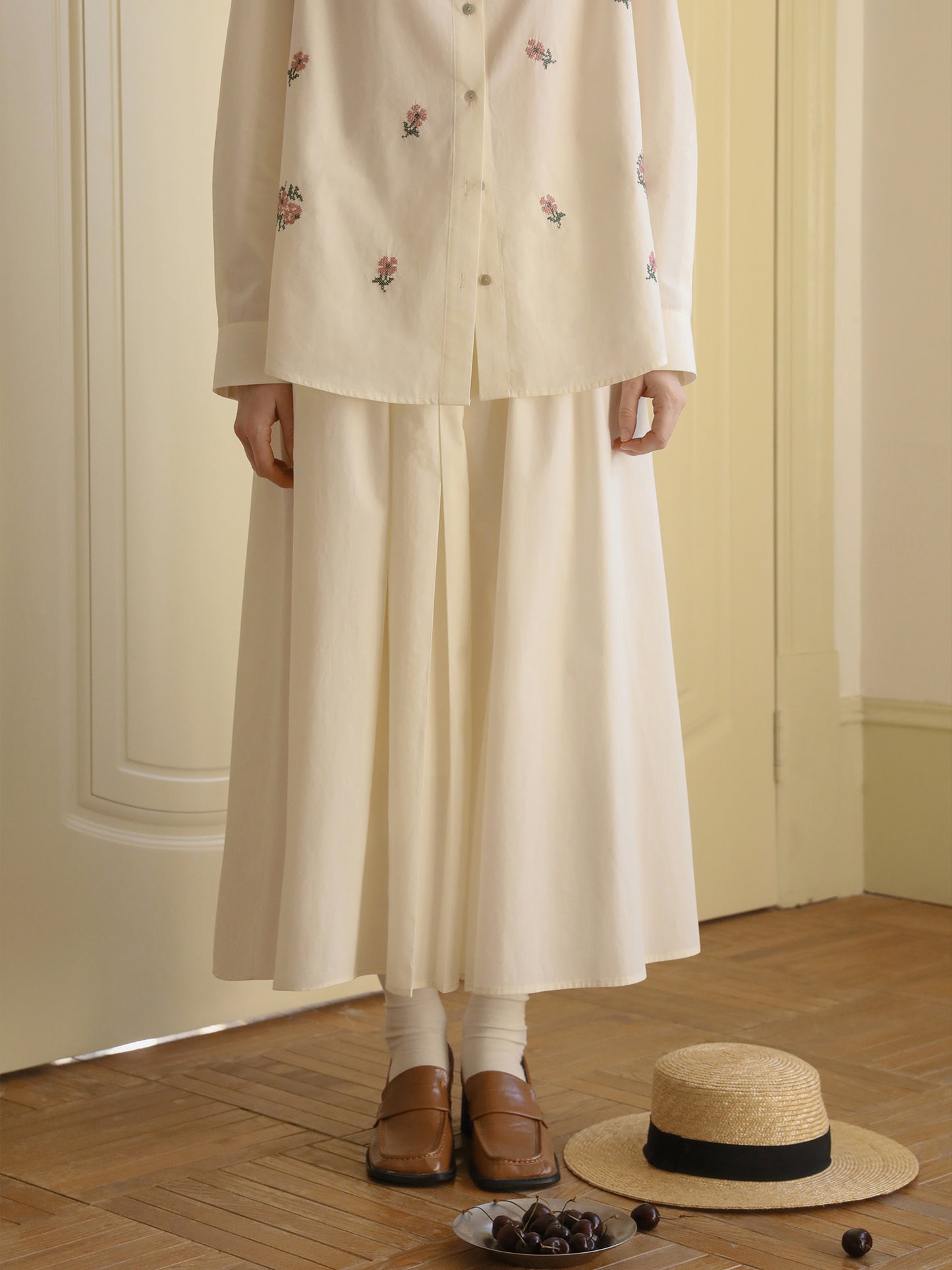 Hibiscus Embroidered Cotton Shirt & Skirt