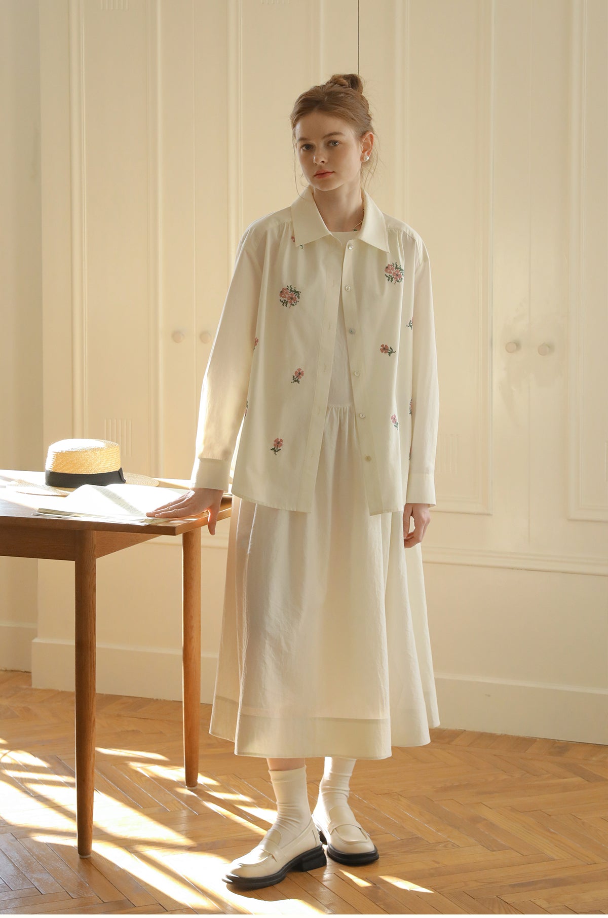 Hibiscus Embroidered Cotton Shirt & Skirt