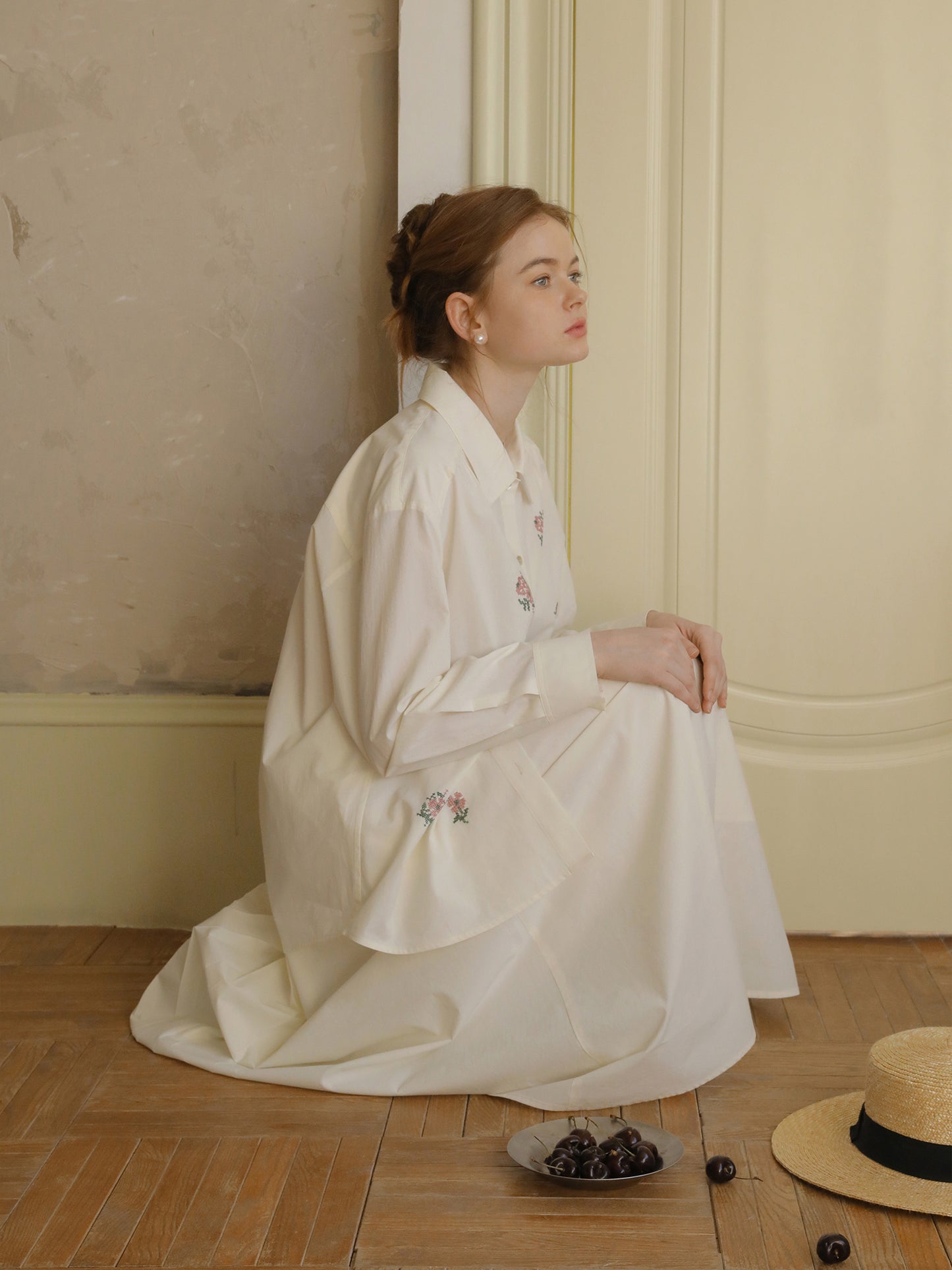 Hibiscus Embroidered Cotton Shirt & Skirt