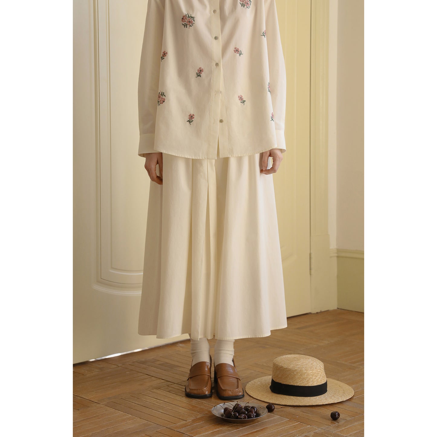 Hibiscus Embroidered Cotton Shirt & Skirt