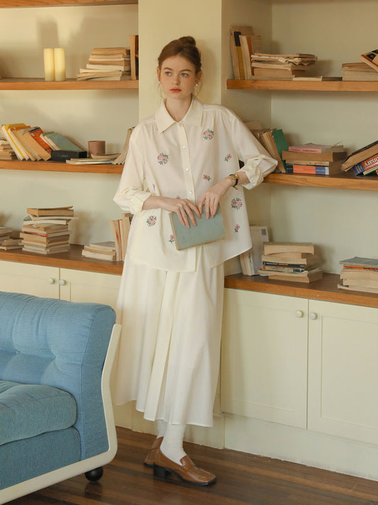 Hibiscus Embroidered Cotton Shirt & Skirt