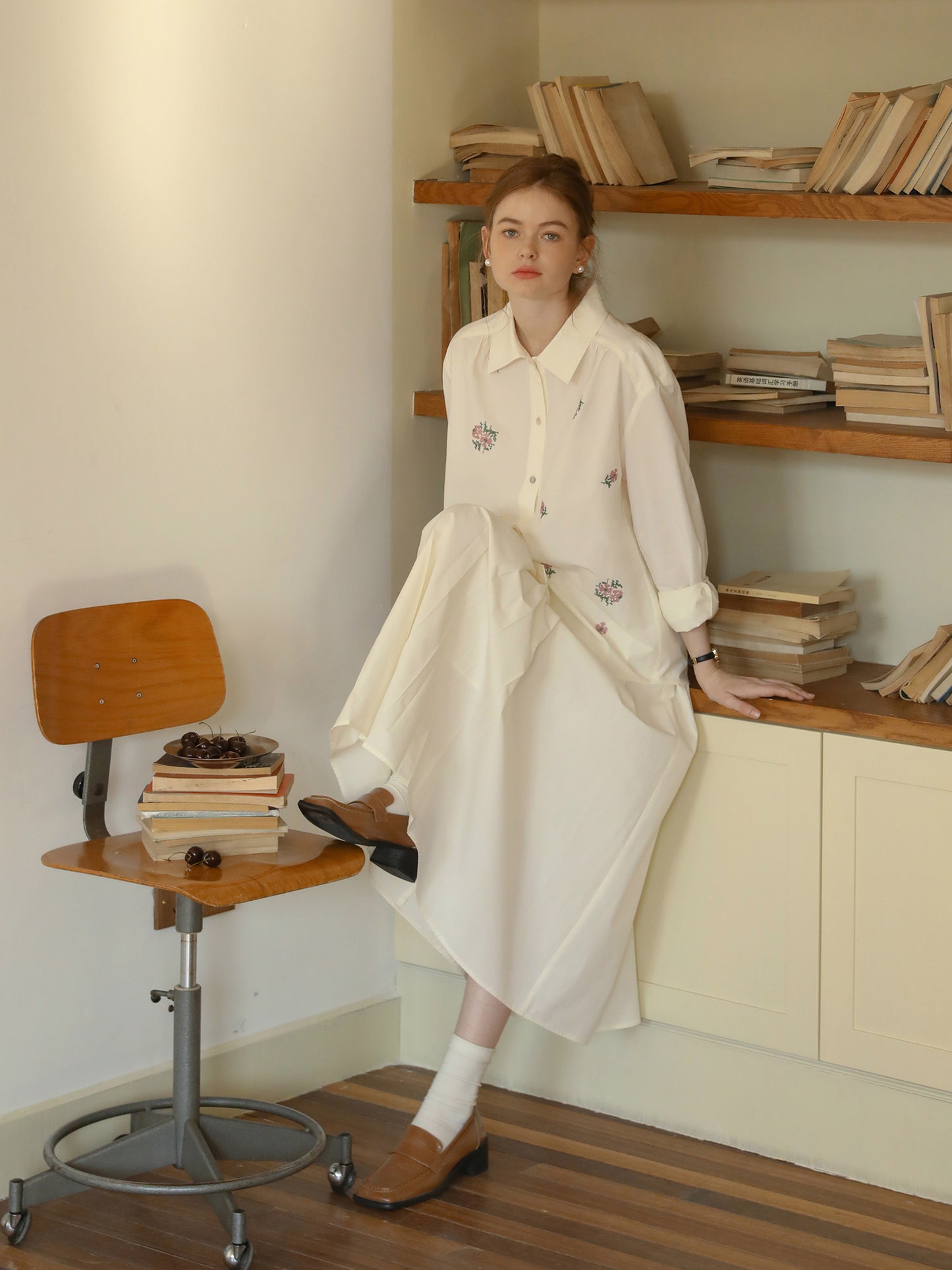 Hibiscus Embroidered Cotton Shirt & Skirt