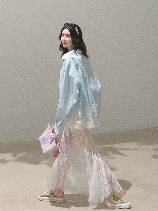 Sheer Lace Asymmetrical Hem Maxi Skirt