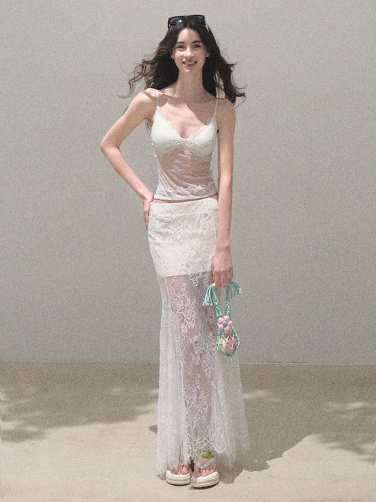 Sheer Lace Asymmetrical Hem Maxi Skirt