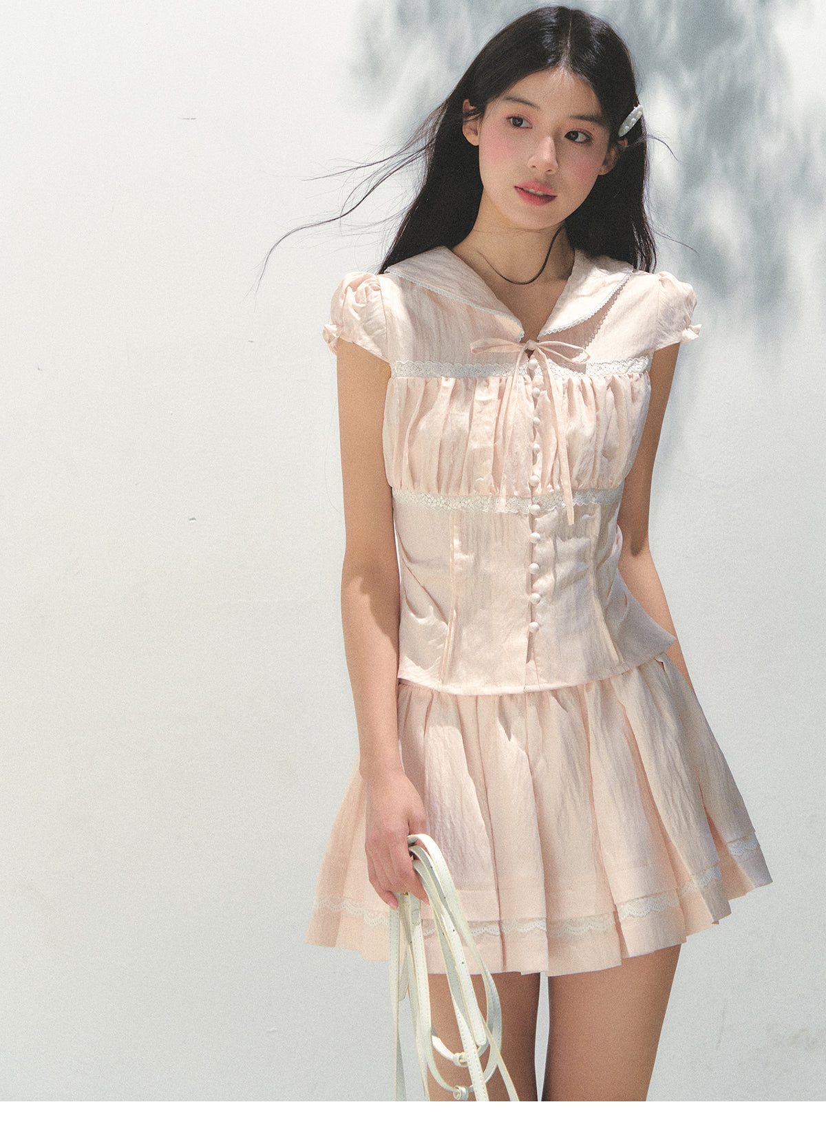Ruched Button-Front Blouse & Matching Skirt