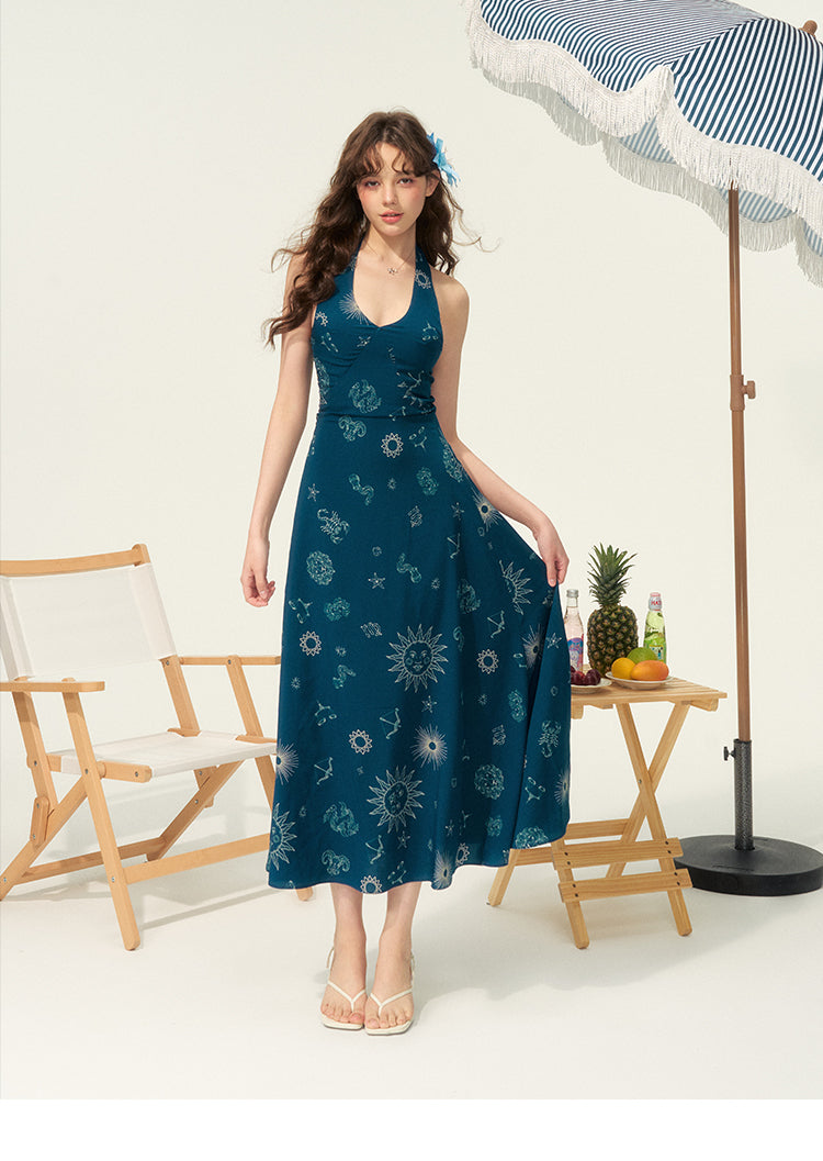 Celestial Print Open-Back Halter Dress