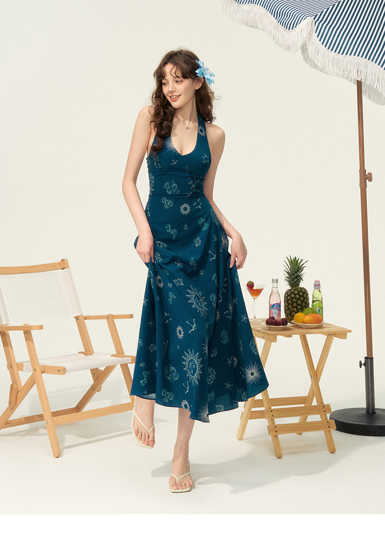 Celestial Print Open-Back Halter Dress