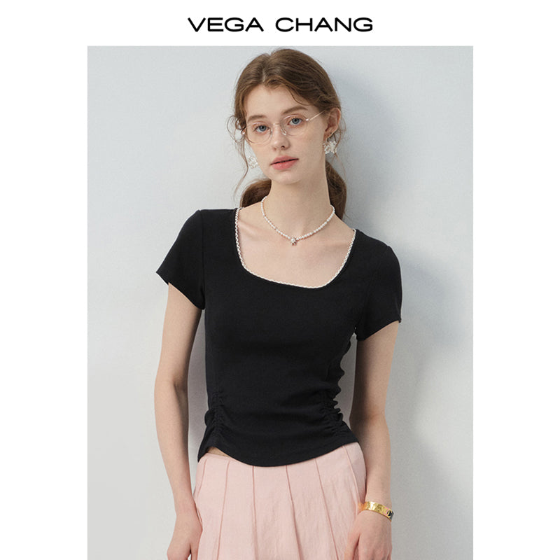 Gathered-Hem Square Neck T-Shirt