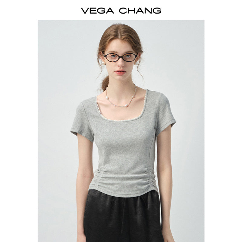 Gathered-Hem Square Neck T-Shirt