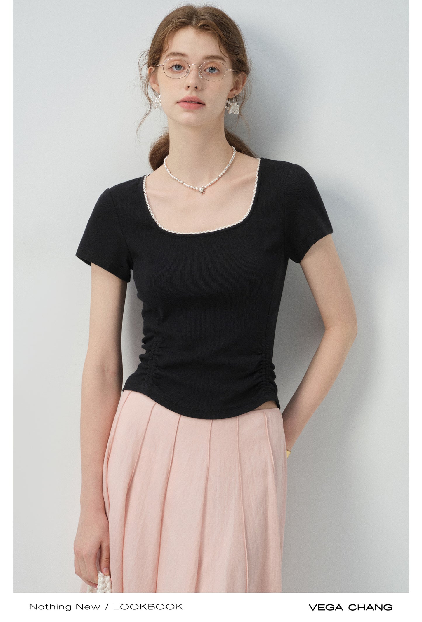 Gathered-Hem Square Neck T-Shirt