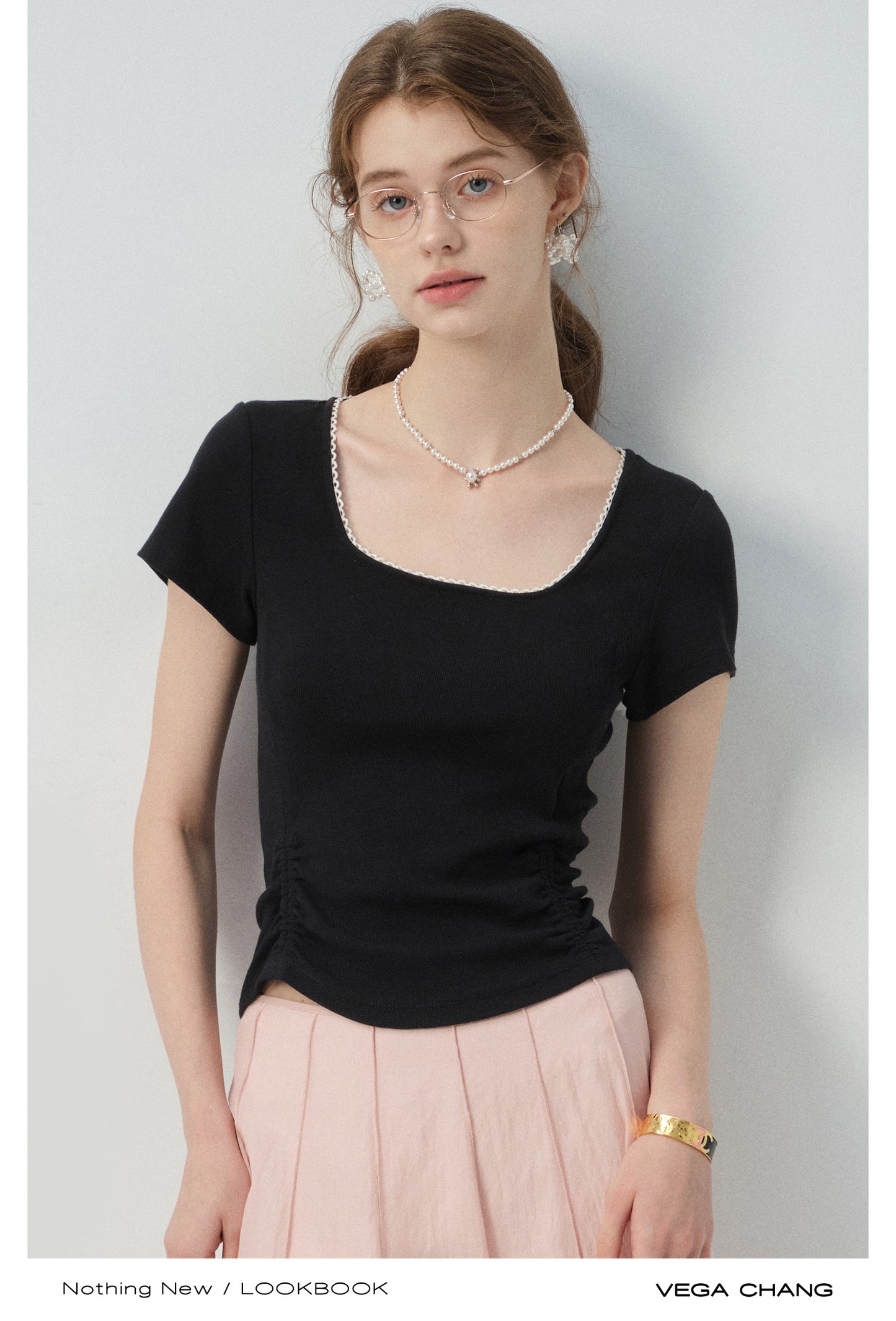 Gathered-Hem Square Neck T-Shirt