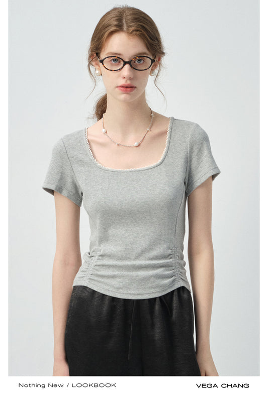 Gathered-Hem Square Neck T-Shirt