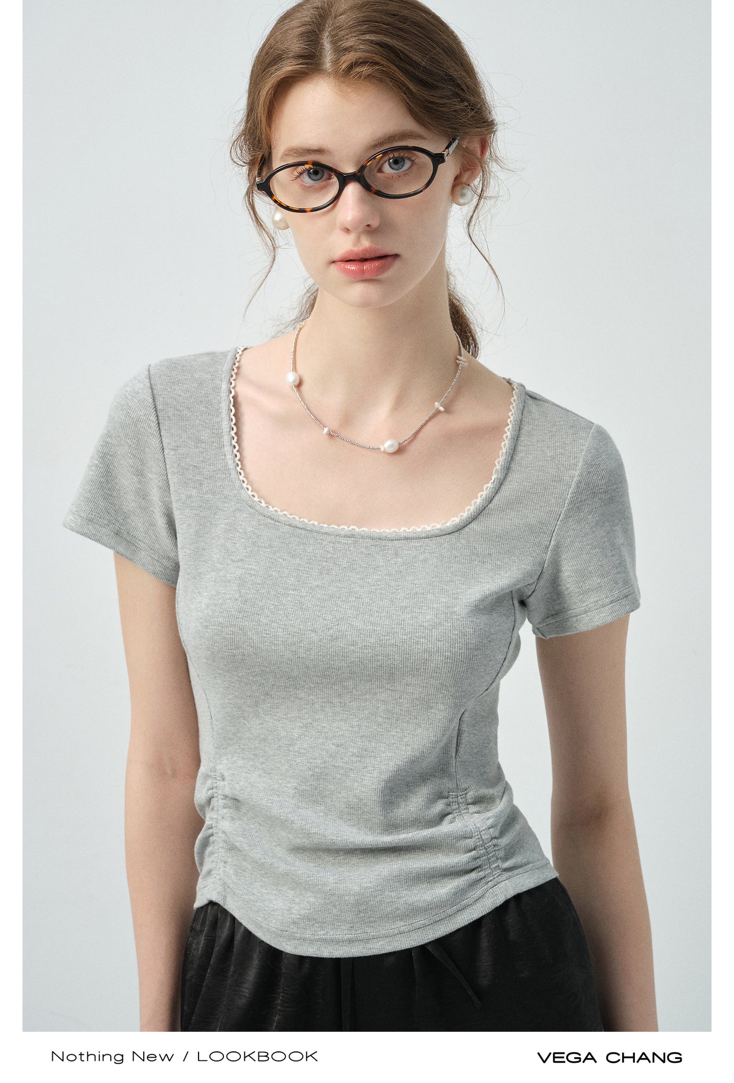 Gathered-Hem Square Neck T-Shirt