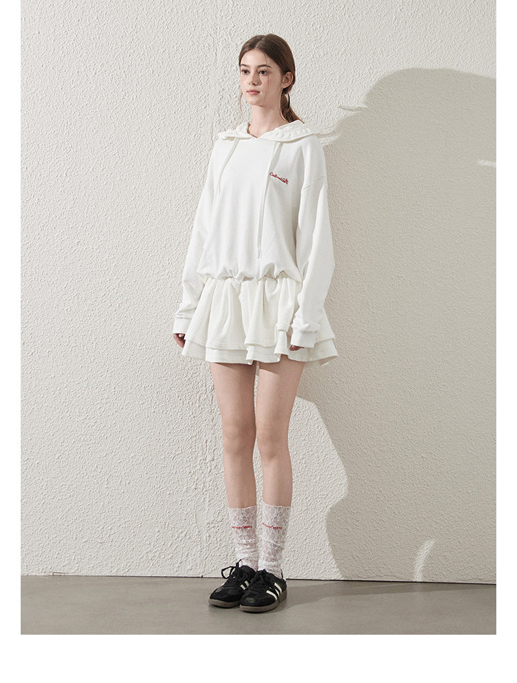 Cinched Waist Embroidered Hoodie Dress