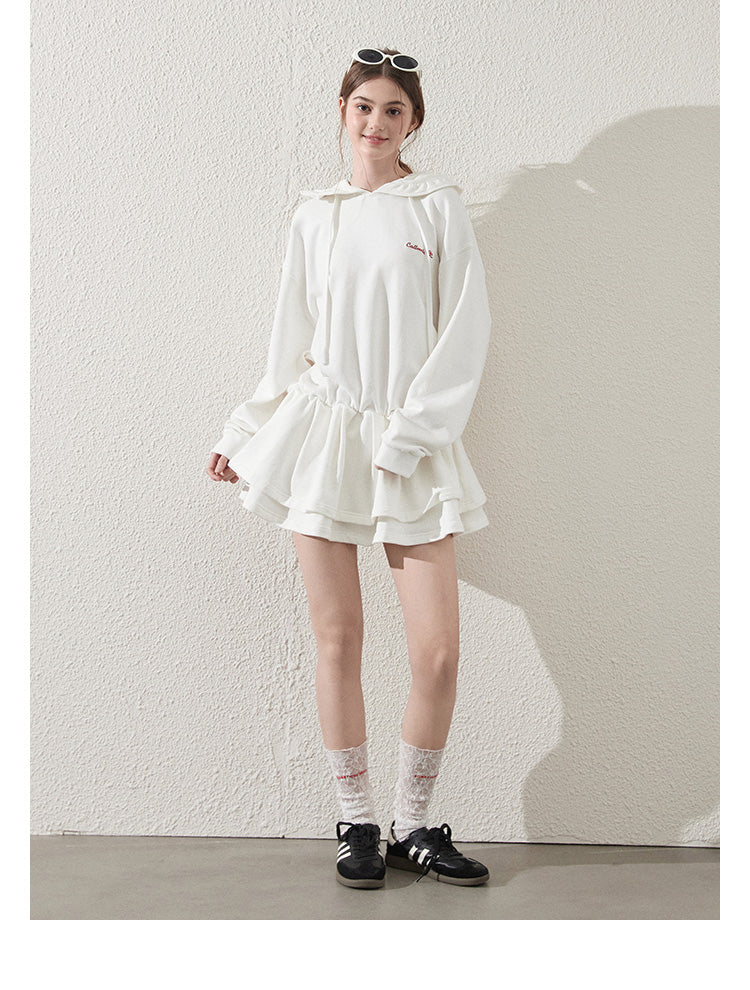 Cinched Waist Embroidered Hoodie Dress