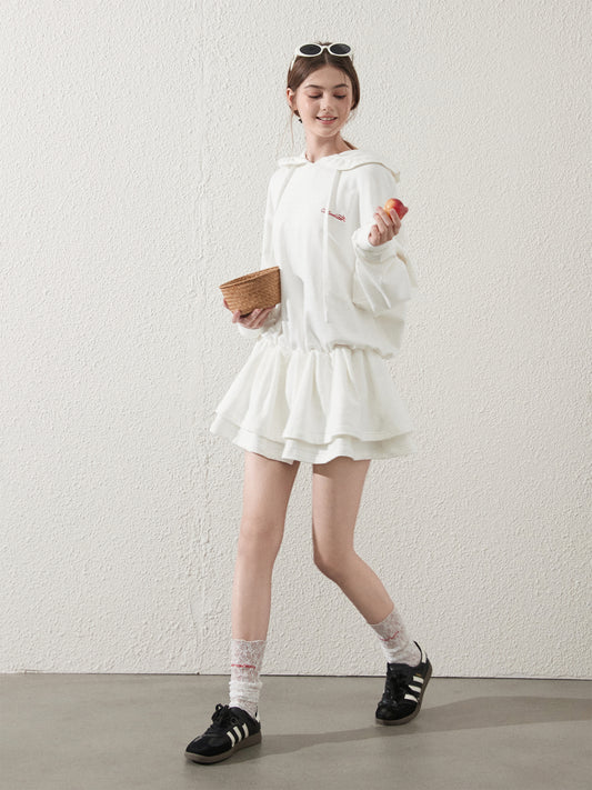 Cinched Waist Embroidered Hoodie Dress
