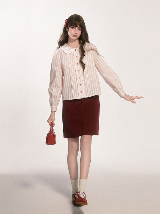 Peter Pan Collar Striped Frill Blouse