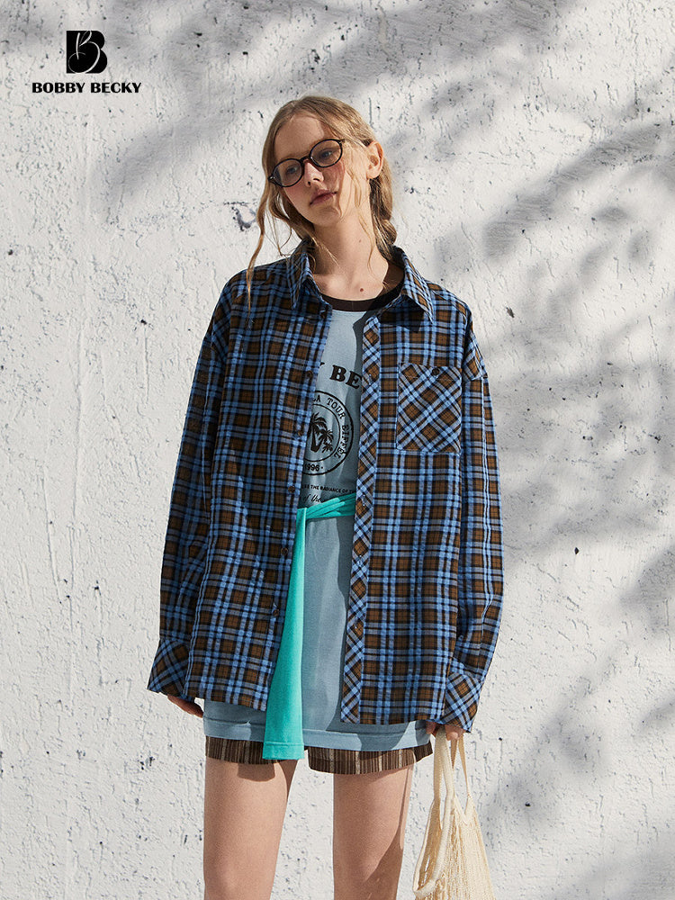 Plaid Cotton Blend Seersucker Overshirt