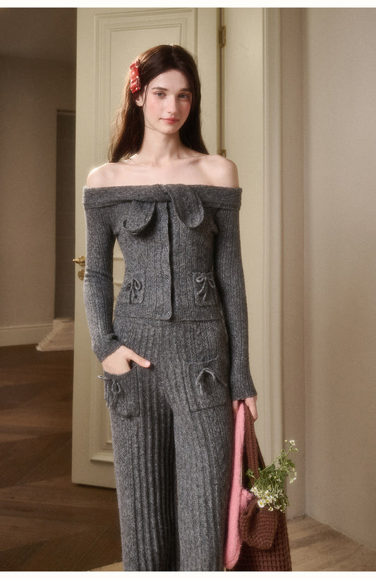 Off-Shoulder Pointelle Knit Top & Pants With Bow Details