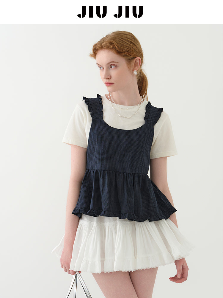 Sleeveless Ruffled Micro Gingham Short Top
