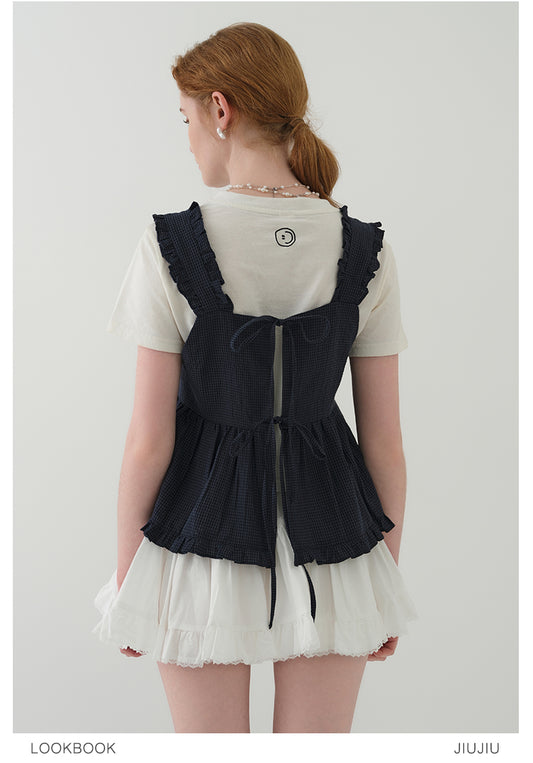 Sleeveless Ruffled Micro Gingham Short Top