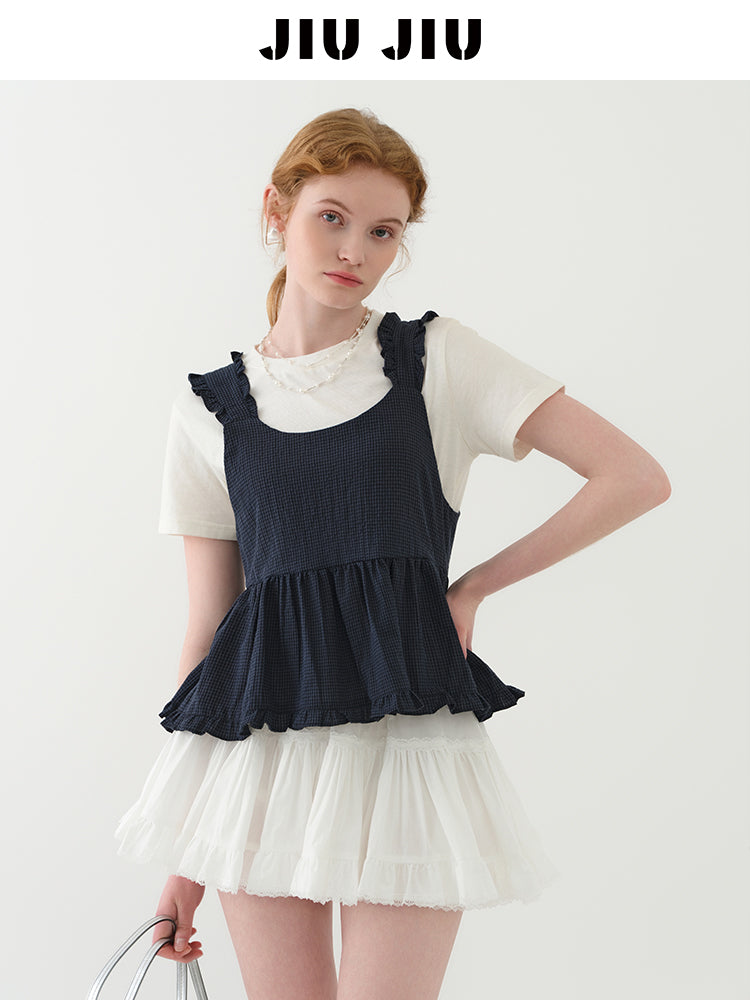 Sleeveless Ruffled Micro Gingham Short Top