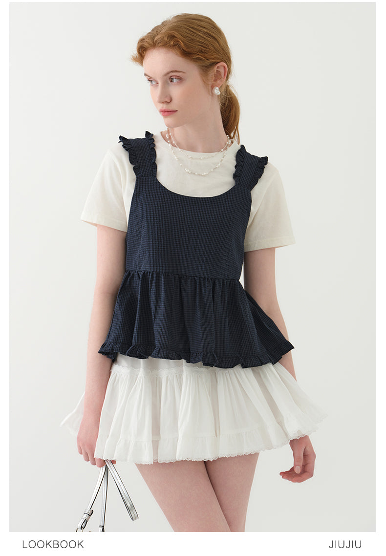 Sleeveless Ruffled Micro Gingham Short Top