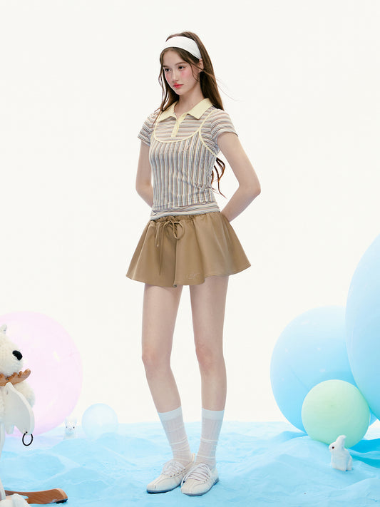 Polo Shirt & Cami Set With Vertical & Horizontal Stripes
