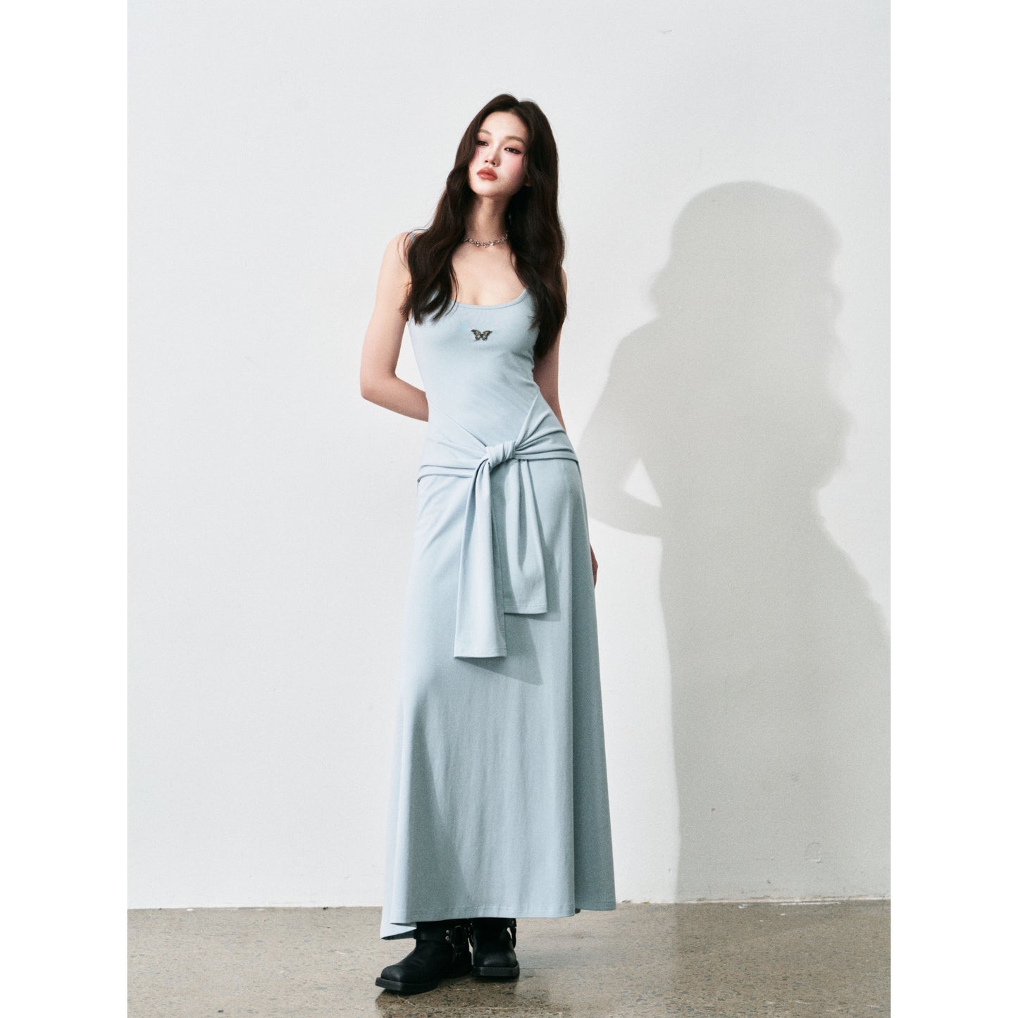 Butterfly Charm Faux Two-Piece Dress With Adjustable Straps