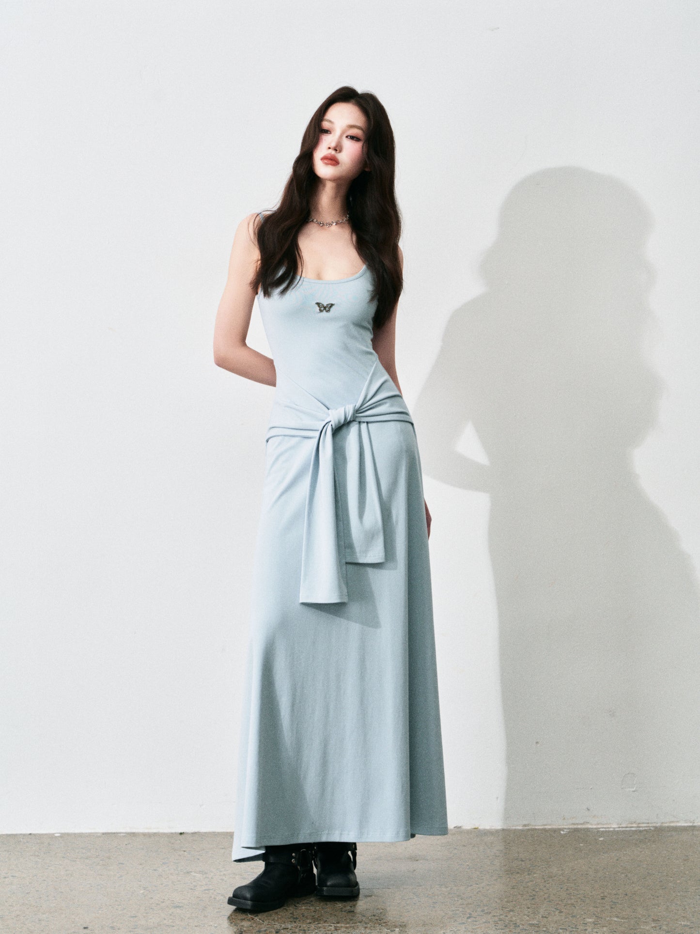 Butterfly Charm Faux Two-Piece Dress With Adjustable Straps