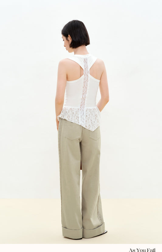 Ruched Sleeveless Top With Lace Detail