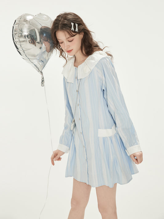 Lace Striped Dress With Flower Embellished Collar