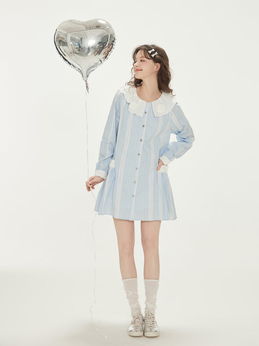 Lace Striped Dress With Flower Embellished Collar