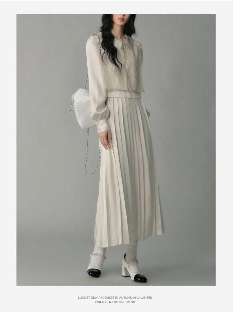 Embroidered Overlay Satin Blouse & Pleated Skirt