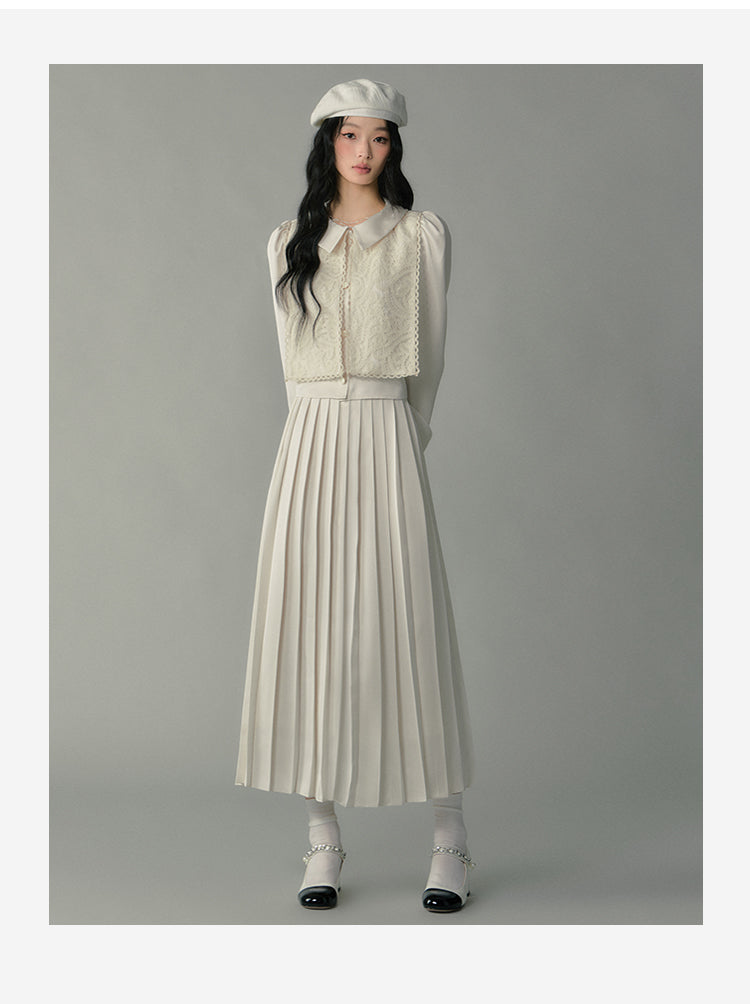 Embroidered Overlay Satin Blouse & Pleated Skirt
