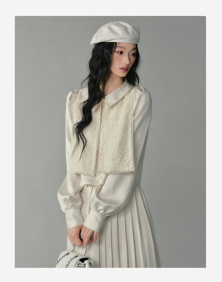 Embroidered Overlay Satin Blouse & Pleated Skirt
