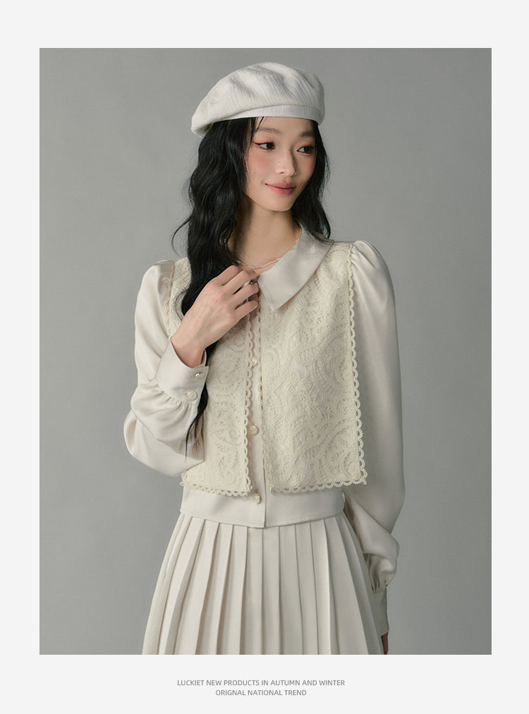 Embroidered Overlay Satin Blouse & Pleated Skirt