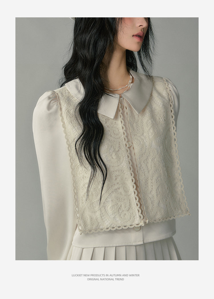 Embroidered Overlay Satin Blouse & Pleated Skirt
