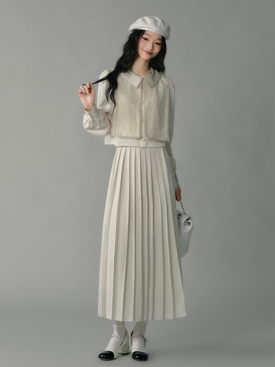 Embroidered Overlay Satin Blouse & Pleated Skirt