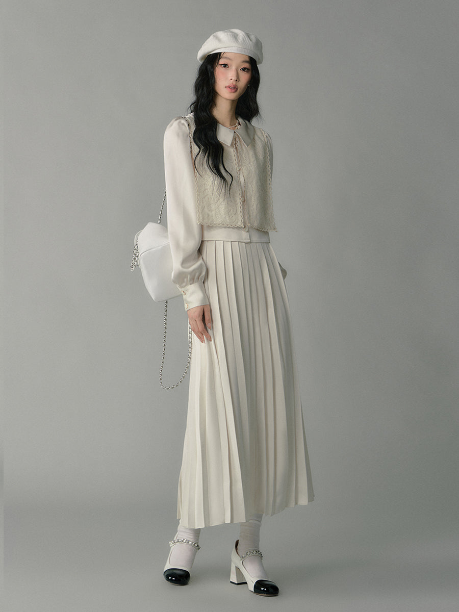 Embroidered Overlay Satin Blouse & Pleated Skirt