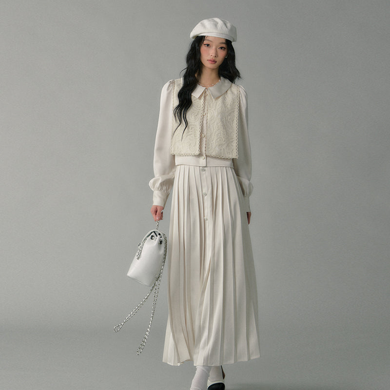 Embroidered Overlay Satin Blouse & Pleated Skirt