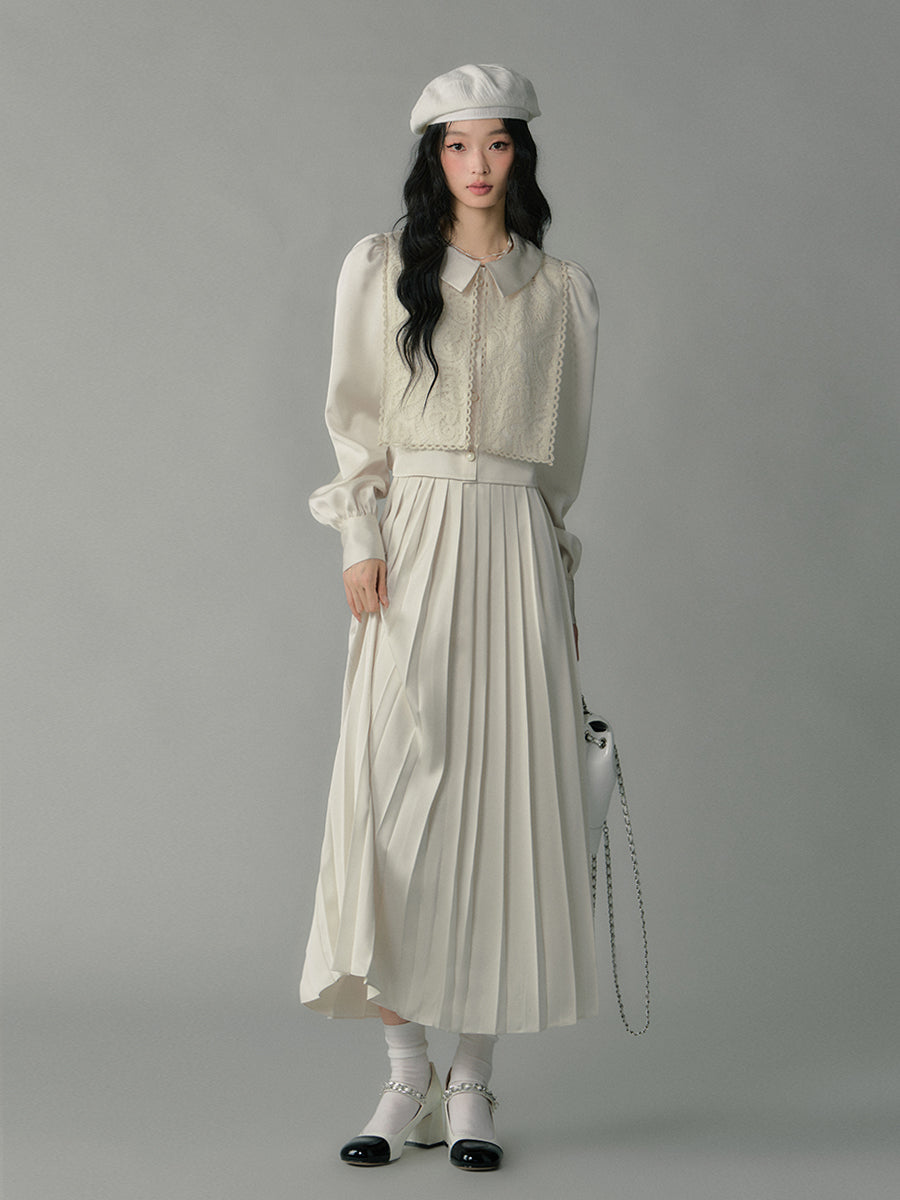 Embroidered Overlay Satin Blouse & Pleated Skirt