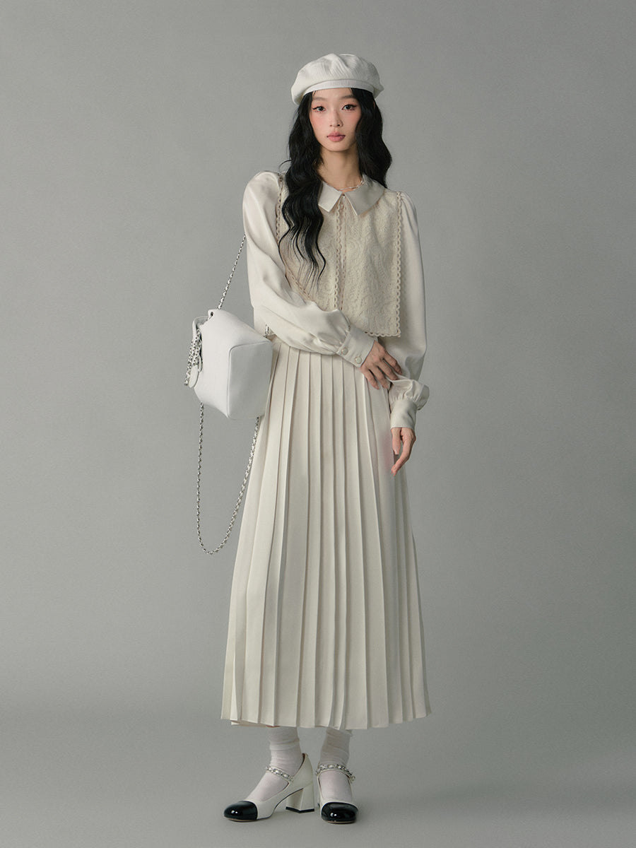 Embroidered Overlay Satin Blouse & Pleated Skirt