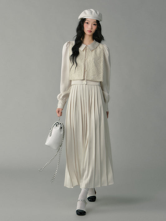 Embroidered Overlay Satin Blouse & Pleated Skirt