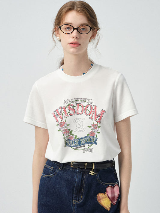 Vintage-Style Printed T-Shirt & Heart Patch Denim Skirt