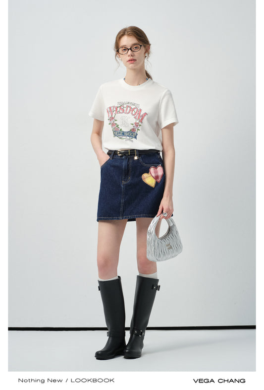 Vintage-Style Printed T-Shirt & Heart Patch Denim Skirt